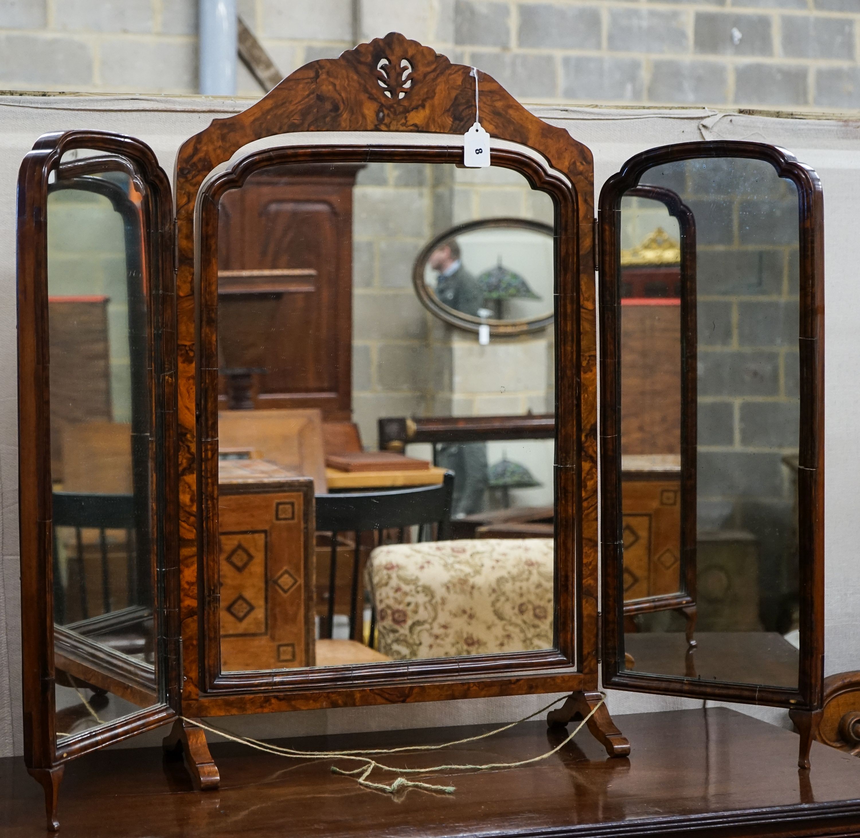 A Queen Anne revival walnut triple dressing table mirror, maximum width 112cm, height 89cm